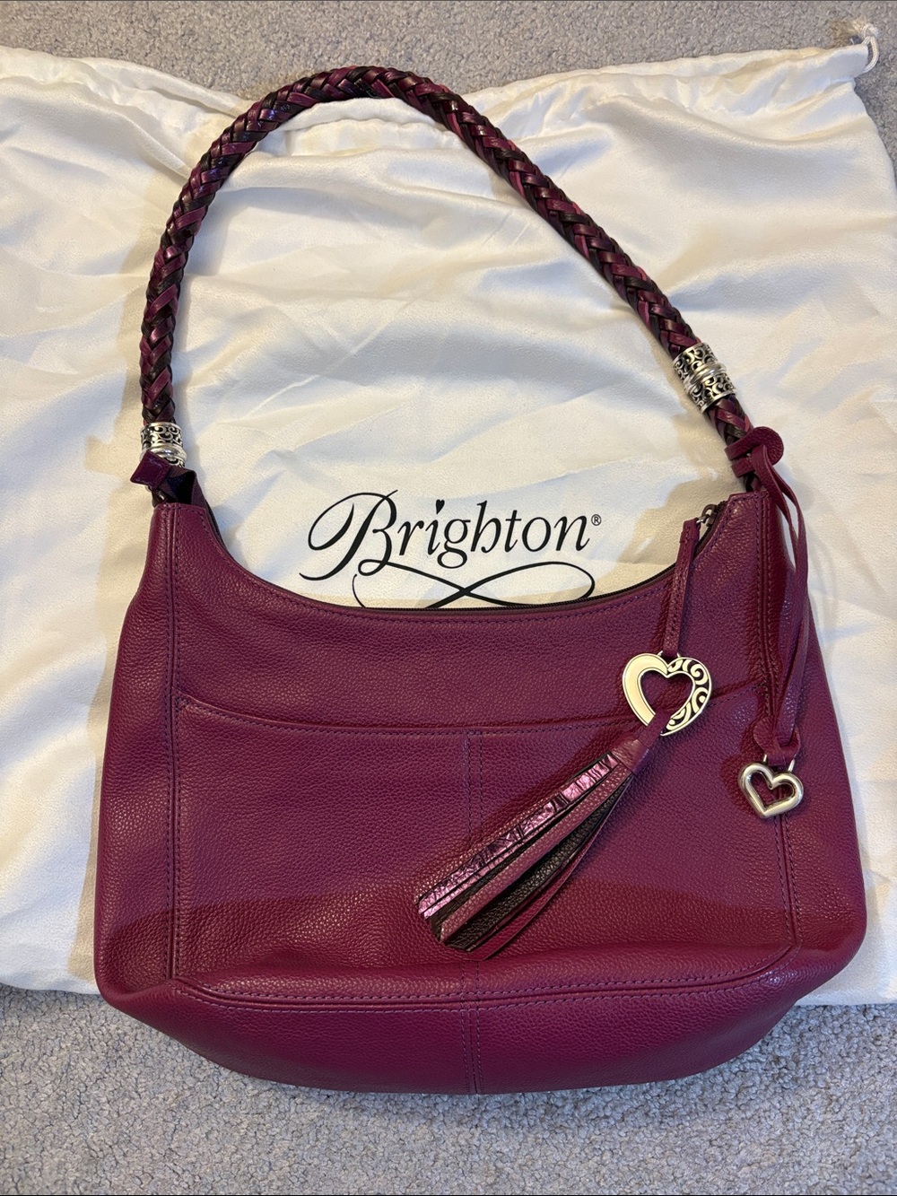 Brighton Plum Braided-Handle Leather Hobo with Heart Charms